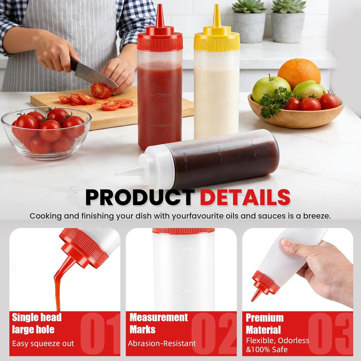 Multicolor Food-Grade Squeeze Bottles Set-Condiment Dispensers for Kitchen, BBQ, Sauces, Dressings, & Meal Prep (32oz)