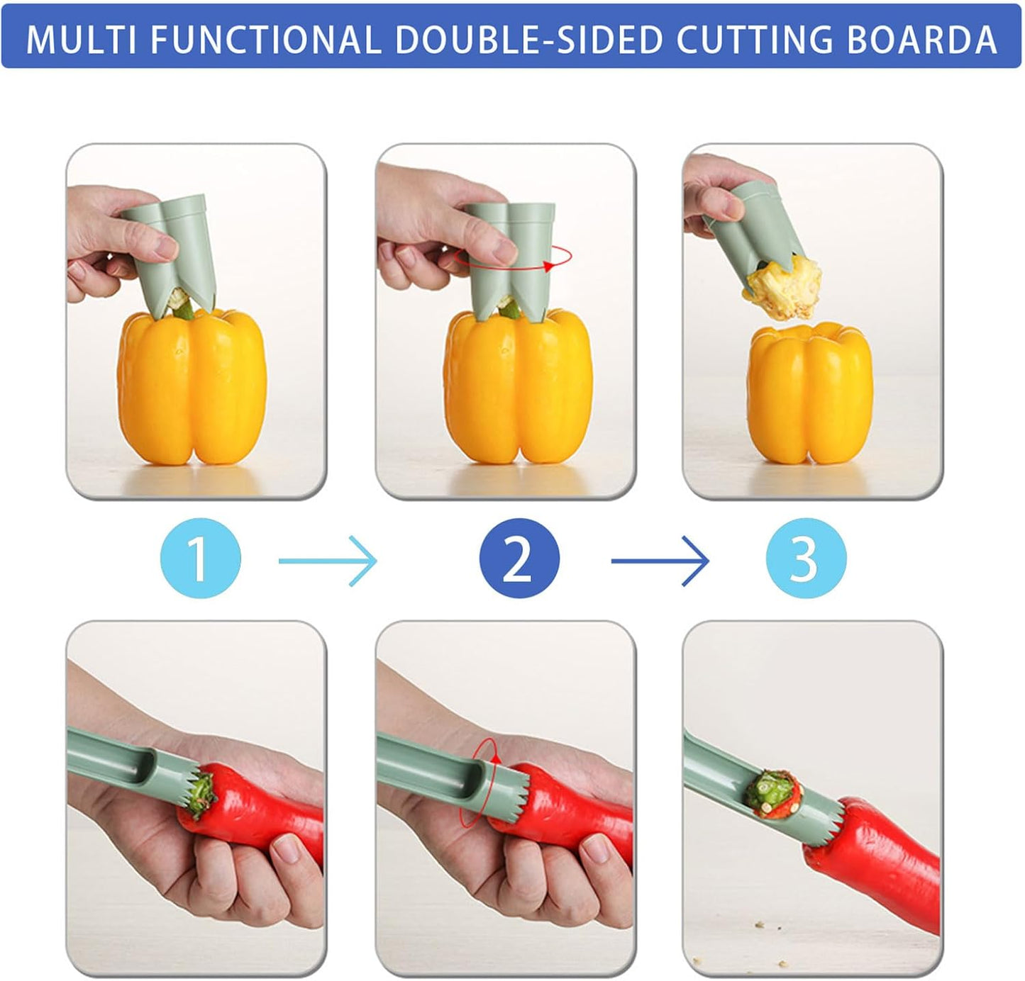 Pepper Corer, 2 in 1 Red Bell Pepper Seed Corer Remover Tool, Fruit & Vegetable Corers Quick Cave Tools for Jalapeno Cutter Deseeder, Green