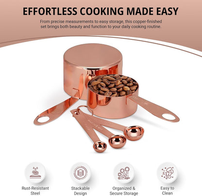 Copper Measuring Cups and Spoons Stainless Steel 9 pieces with 2 Rings