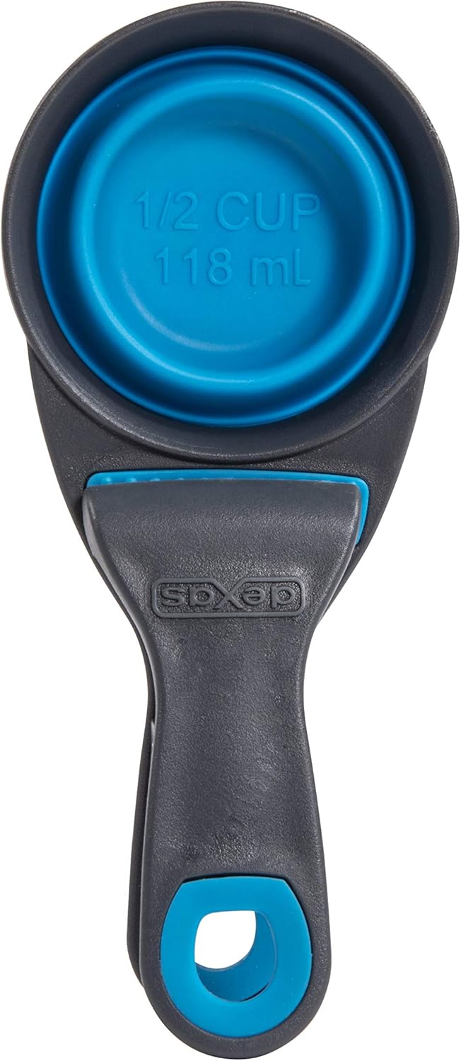Dexas Popware for Pets Collapsible Klip Scoop, 3 in 1 Design Convenient Measuring Cup, Food Scooper and Bag Clip, 1Cup Capacity Pet Food Scoop, Versatile Food Measuring Cups Portion Control Gray/Blue