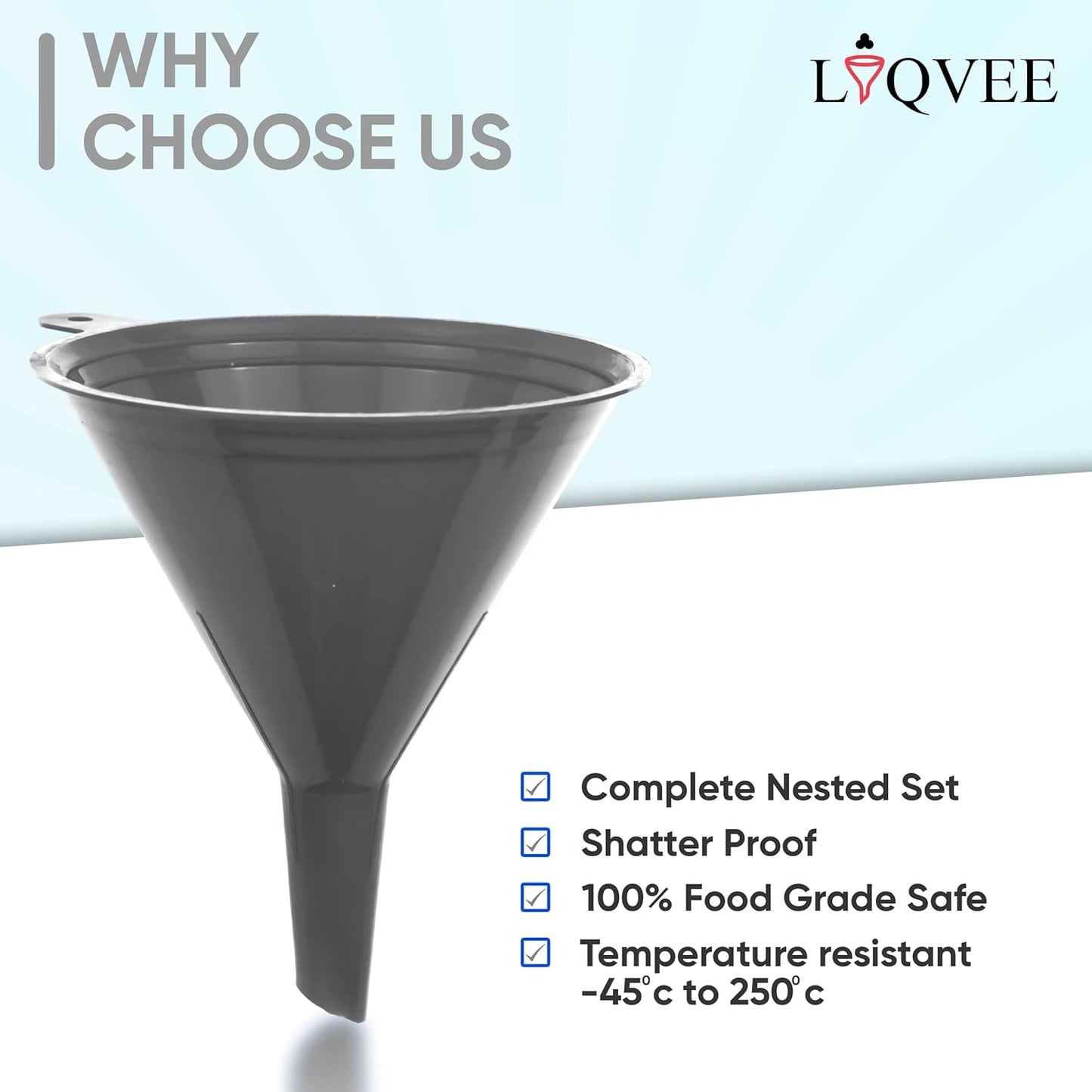 LIQVEE™ Funnel Set (4 Sizes: 122, 101, 76, 50mm) - Durable, Non-Toxic, Food-Grade Plastic funnels for Filling Bottles and containers. Ideal for Kitchen, Garage, or Labs. Perfect for Precise Pouring.