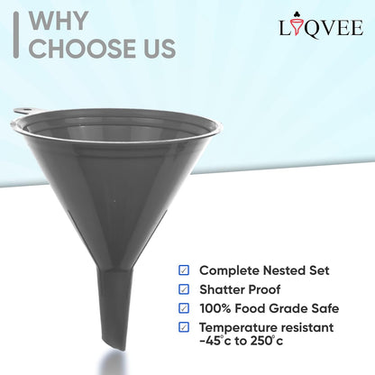 LIQVEE™ Funnel Set (4 Sizes: 122, 101, 76, 50mm) - Durable, Non-Toxic, Food-Grade Plastic funnels for Filling Bottles and containers. Ideal for Kitchen, Garage, or Labs. Perfect for Precise Pouring.
