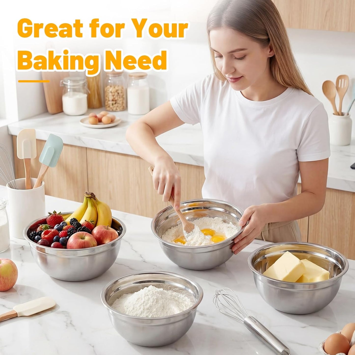 Beasea Mixing Bowls with Lids, 2 Pack 4 QT Stackable Stainless Steel Mixing Bowls Set with Airtight Lids, Metal Nesting Bowl for Kitchen, Baking, Food Prepping and Serving
