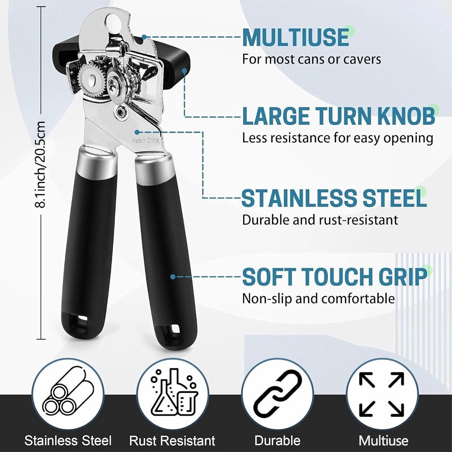 Manual Can Opener Heavy Duty Smooth Edge - Bottle Opener Combo for Seniors Adults, Stainless Steel Kitchen Camping Tool, Safe Easy to Use, Black