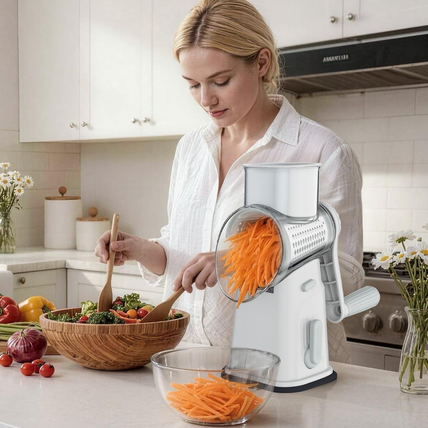 Ourokhome Rotary Cheese Grater Cheese Shredder with 5 Interchangeable Blades, Rotary Grater with Non-slip Suction Base Hand Crank Slicer for Vegetable Nuts Grey