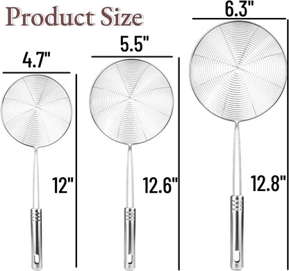 Spider Strainer Skimmer Spoon, HSpiow Set of 3 Sizes Frying Spoon Stainless Steel Fryer Scoop Wire Strainer Ladle with Long Handle for Kitchen Frying Cooking Food Pasta