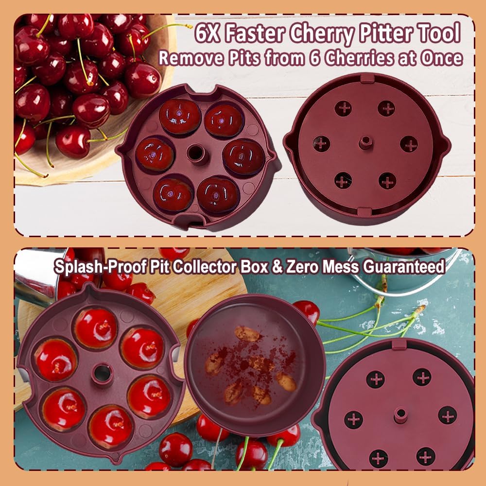 6-in-1 Cherry Pitter Tool for Bulk Jam Making & Baking, ABS Cherry Pit Remover with Juice Catch Container, One-Press Multiple Cherry Corer, Dishwasher Safe