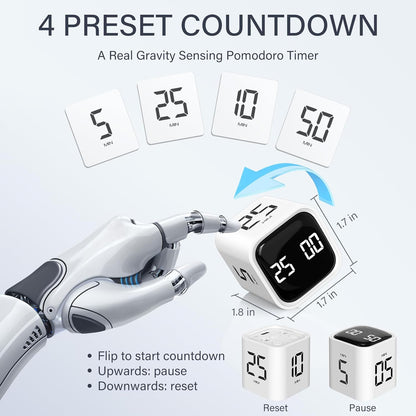 Rotating Pomodoro Timer 5, 25, 10 50 Minutes Preset, Desk Productivity Flip Timer, ADHD Tool Cube Countdown Stopwatch, Vibration/High/Low Volume/Custom Modes, for Work, Study, Back to School, Kitchen