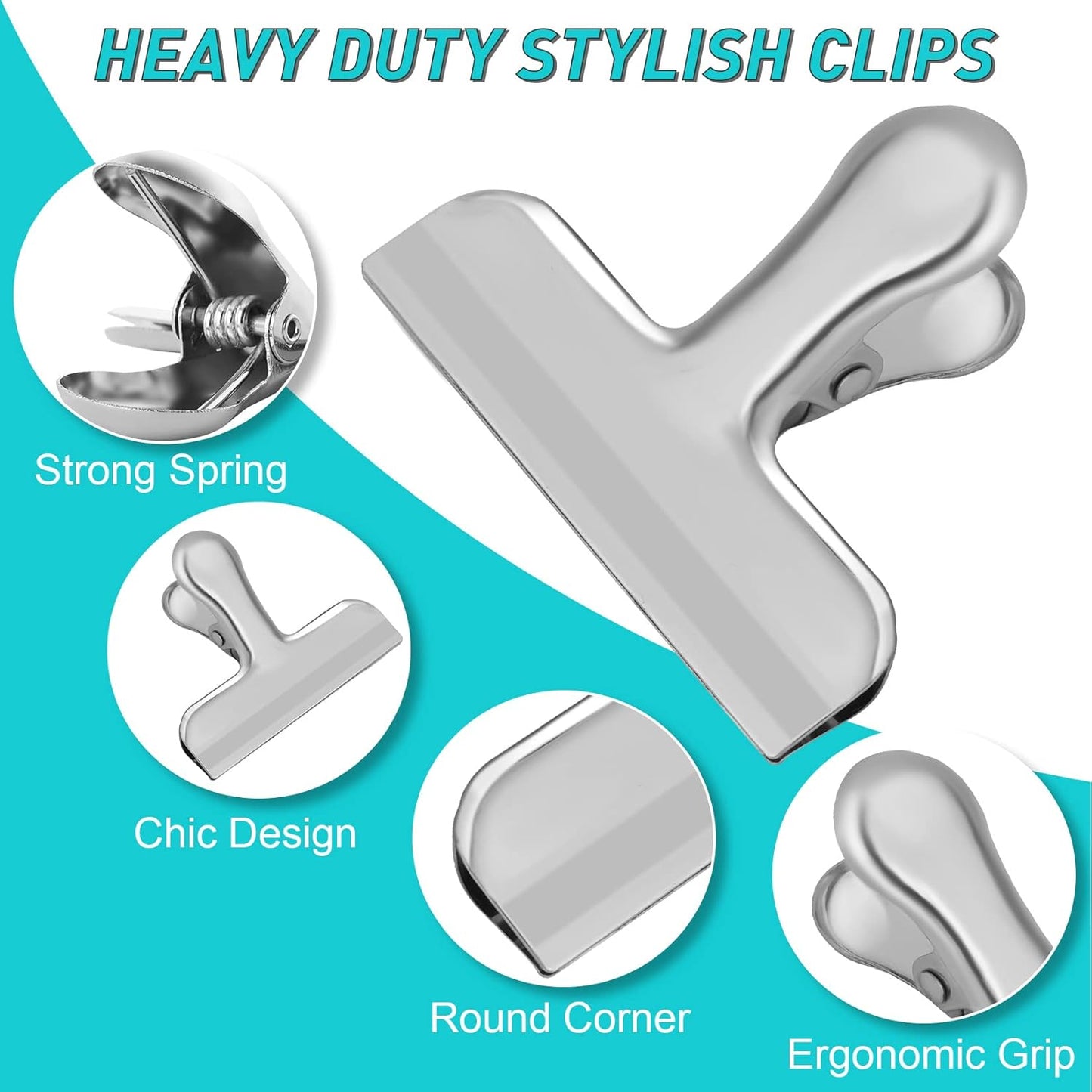 Funfery Chip Clips Bag Clips Gold Stainless Steel Clip for Food Storage,Air Tight Seal Chip Bag Clip 3 Inch Strong Food Clipp for Snack,Chips,Kitchen Decor,Home&Office Paper Heavy Duty-8 Pack
