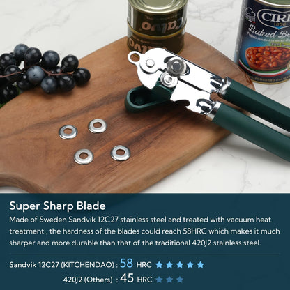 KITCHENDAO Manual Can Opener, Super Sharp Sandvik 12C27 Blade, Handheld Can Opener with Magnet, Smooth Edge Cut, Soft Grip, Oversized Knob for Seniors & Arthritis, Easy to Use, Green
