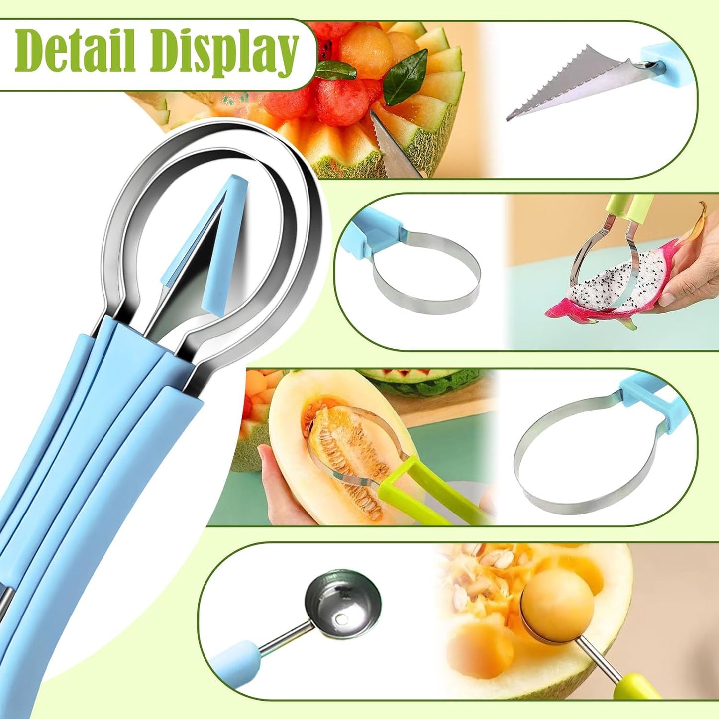 Suuker Melon Baller Scoop Set,4 In 1 fruit cutters shapes, watermelon scooper fruit scooper and baller, fruit carving tools（Green）