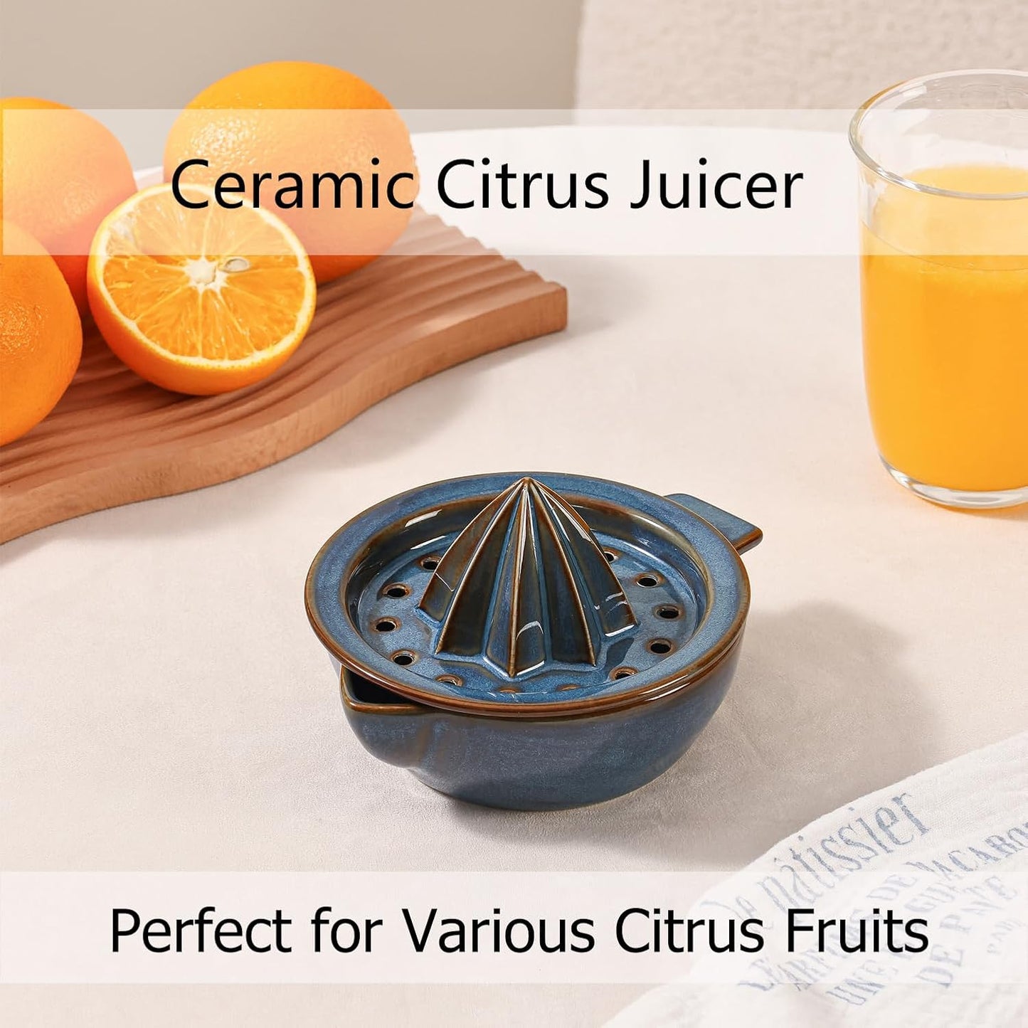 Ceramic Citrus Lemon Orange Juicer Manual Squeezer, Hand Juicer Reamer Rotation Press with 6.8oz Bowl, Strainer Lid, Spout, Handle, Dishwasher Safe, Easy to Clean