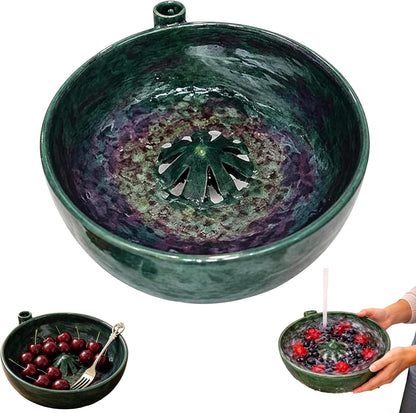 Pod Pottery Berry Washing Bowl Ceramic - Hydro Vortex Fruit Colander with Integrated Drain Spout - 360-Degree Automatic Rotating Rinser for Grapes & Vegetables - Elevated Center Cone (Green)
