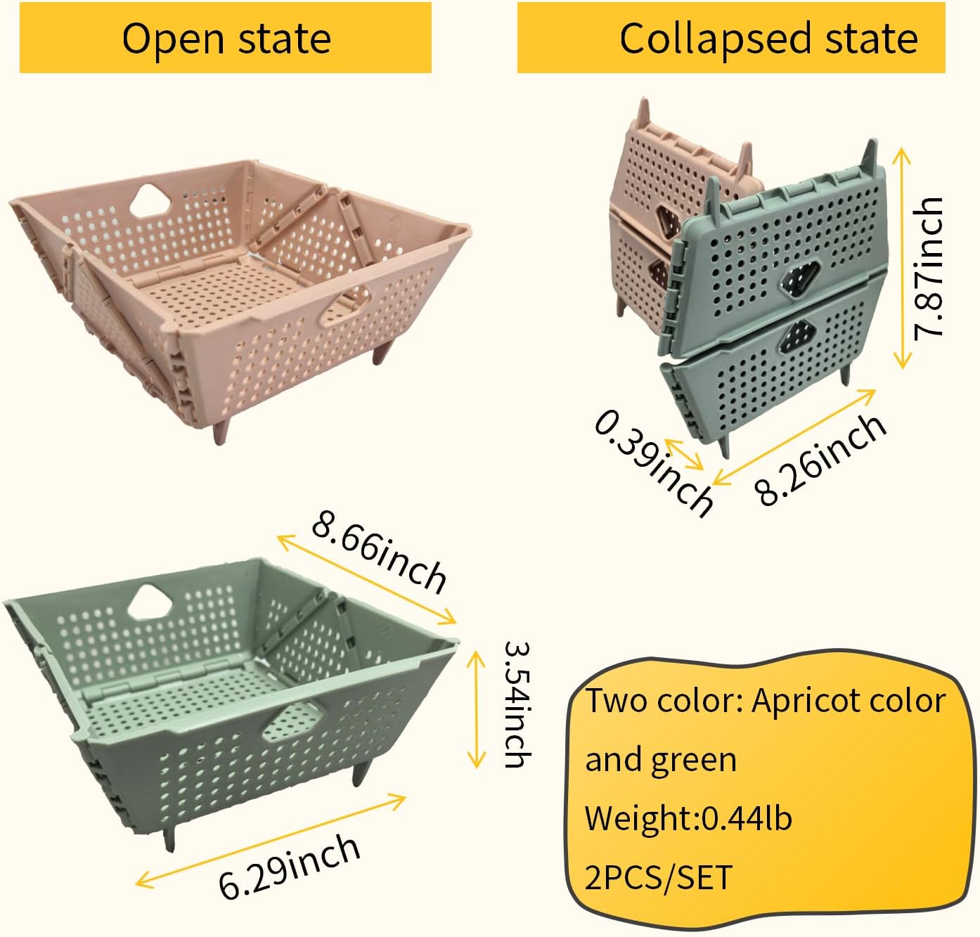 2 Pcs Collapsible Colander Strainer, Multipurpose Drain Basket for Fruit Storage, Mini Foldable Picnic Basket for Kitchen, Travel, RV, Car, Space-Saving Fruit Drain Basket for Food Organizing