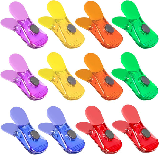 Bag Clips, 12 Pack Chip Clips, Magnetic Bag Clip for Food Snacks Bread Storage Heavy Duty, Plastic Assorted Colors Refrigerator Magnet Air-Tight Package Clip Clothes Pins for Home Kitchen