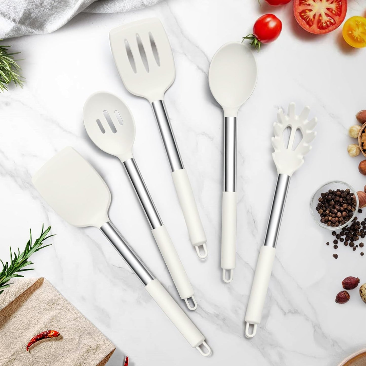 TeamFar Cooking Utensils Set, 5 PCS Silicone Kitchen Utensils with Stainless Steel Handle, for Nonstick Cookware Flipping Frying Turning Draining, Heatproof & Healthy, Nonstick & Easy Clean, Black