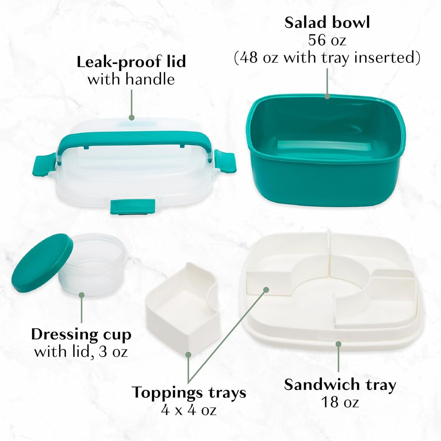 Goodful Stackable Lunch Box Container, Bento Style Food Storage with Removeable Compartments for Sandwich, Snacks, Toppings & Dressing, Leak-Proof and Made without BPA, 56-Ounce, Teal