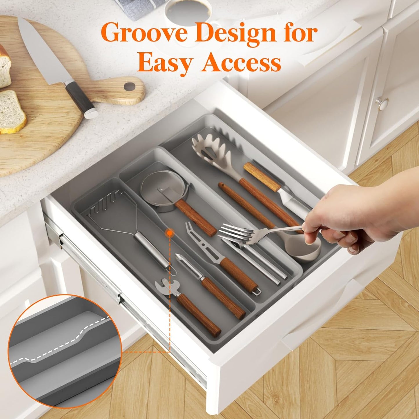 Lifewit Utensil Organizer for Kitchen Drawer, Expandable Cooking Silverware Tray, Adjustable Cutlery Flatware Holder, Plastic Spatula Tools Storage Divider, 14.4 x 15.8", Black