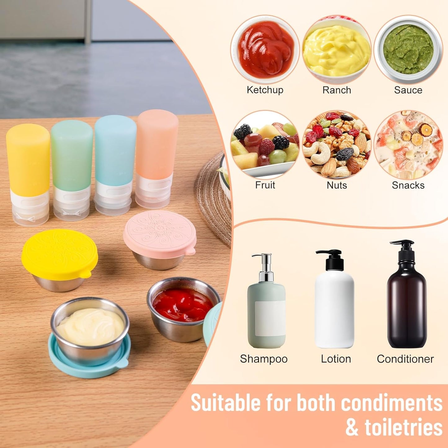 MICEBAY 8-Pack Salad Dressing Container To Go, 2-oz Silicone Small Condiment Squeeze Bottles and 1.6 oz Stainless Steel Sauce Containers Cups, Leakproof Condiment Containers with Lids for Lunch Box