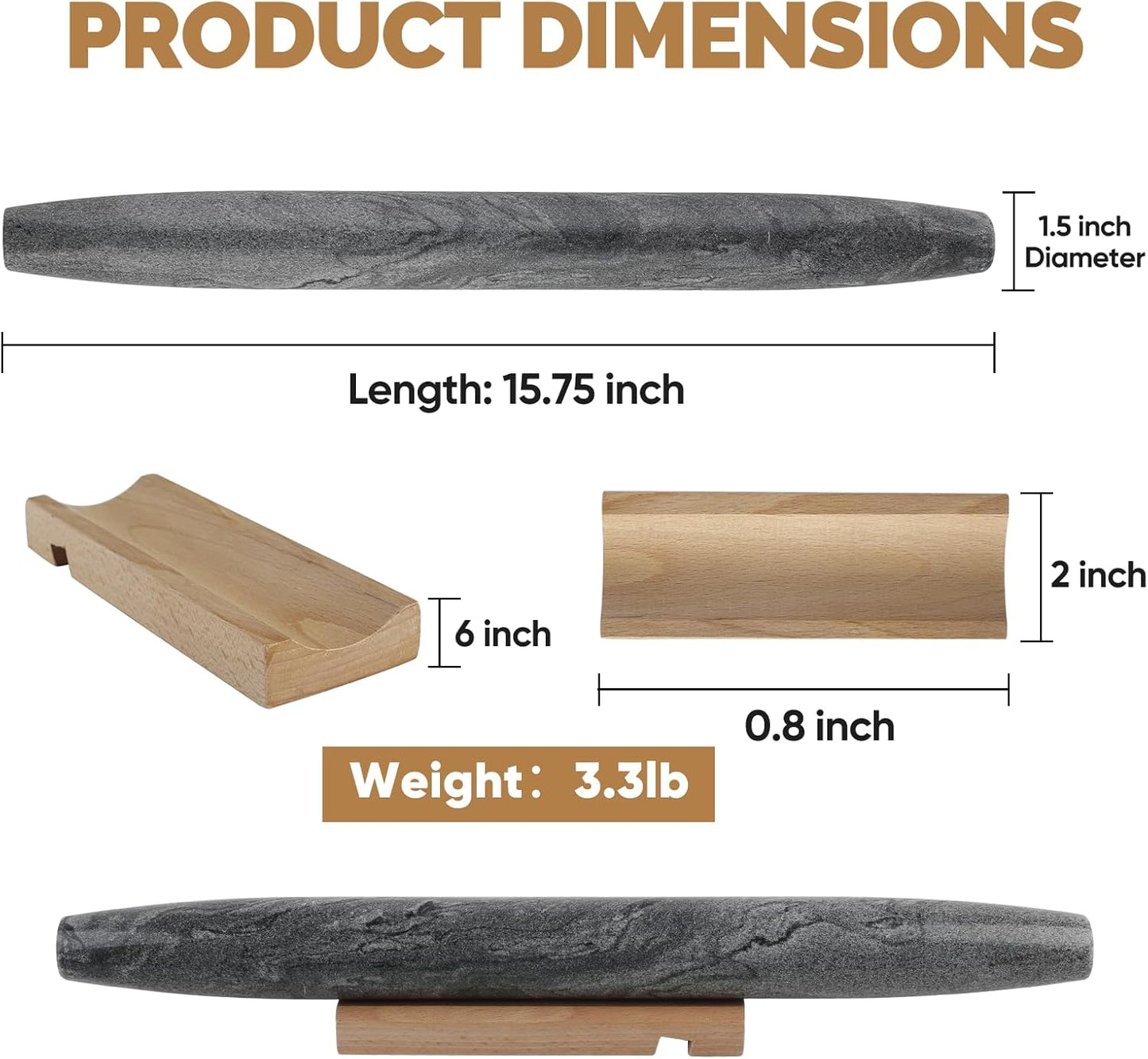 Koville African Natural Marble Rolling Pin, Non-Stick Polished Dough Roller, Pasta, Dumpling, Fondant, Pie Crust, Bread, Pizza Dough, Kitchen Baking Pastry Tools with Mat/Scraper（Namib Fantasy）