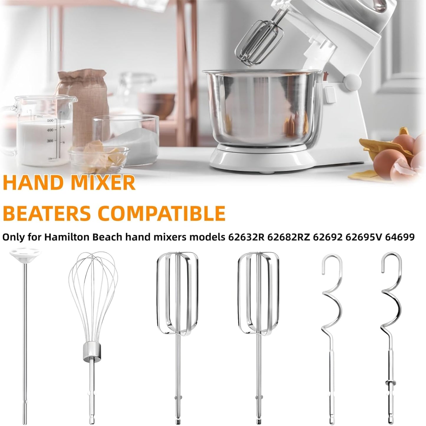 Hand Mixer Beaters Attachments Compatible with Hamilton Beach,62632R, 62682RZ, 62692, 62695V, 64699 – Includes Beaters, Dough Hooks, Whisk & Blending Rods – Durable Replacement Mixer Accessories 6Pack