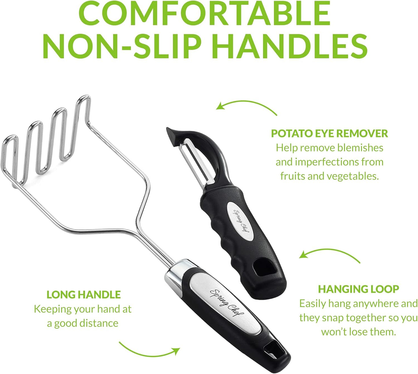 Spring Chef Stainless Steel Premium Vegetable Peeler with Potato Masher, Soft Grip Handle Metal Food Peeler and Masher for Fruit & Vegetables