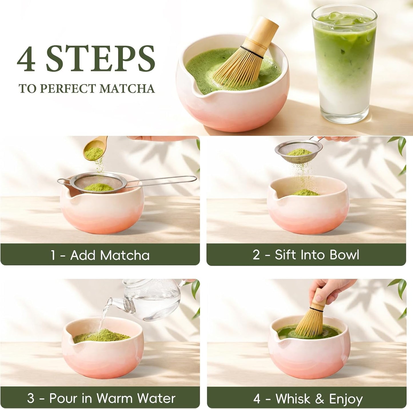 Matcha Whisk Set, Ceramic Matcha Set Includes Bowl & Holder, Bamboo Whisk (Chasen), Scoop, Spoon and Sifter, 6PCS Matcha Kit Covers Everything Needed for Making Matcha (Green)