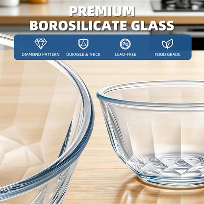 Luvan Glass Mixing Bowls with Lids Set(4.5QT, 2.7QT, 1.1QT)-Large Glass Mixing Bowls, Clear Salad Bowl for Baking, Cooking, Serving, Food Prep, 3PC Nesting Bowls for Kitchen Storage & Dishwasher Safe