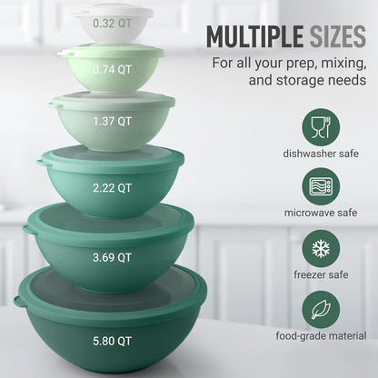 Zulay Kitchen 12 Piece Plastic Mixing Bowls with Lids Set - Leak-Proof Microwave & Freezer Safe Stackable Mixing Bowl Set for Preparing, Serving and Storing - Non-Slip Large Nesting Bowls (Blue Ombre)