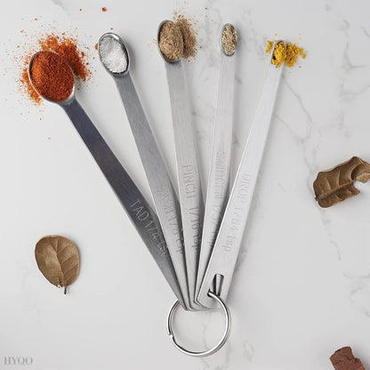 5 Pcs Mini Measuring Spoons Set - Stackable Design, 1/4, 1/8, 1/16, 1/32, 1/64 TSP Sizes, Flat Handle Metal Measuring Spoons Made of Durable Stainless Steel for Cooking, Baking & Small Kitchen Tasks