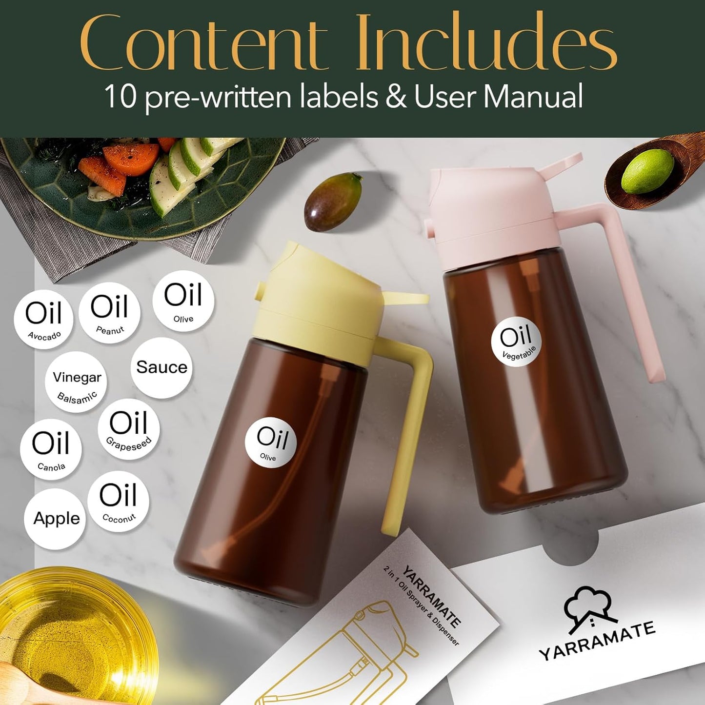 YARRAMATE 2Pcs 16oz/470ml Dark Brown Oil Sprayer for Cooking with Stickers, Food-grade Premium 2 in 1 Olive Oil Dispenser Bottle for Kitchen Gadgets, Air Fryer, Salad, Frying, BBQ (Black&OliveGreen)