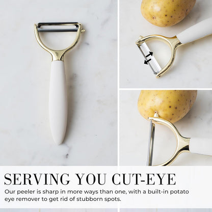 Gold and Beige Kitchen Utensils Set – 8 PC Cooking Gadgets with Mini Gold Whisk and Tongs, Pizza Cutter, Garlic Press, Cheese Grater, Peeler, Can Opener, Scoops – Stylish Beige Kitchen Accessories