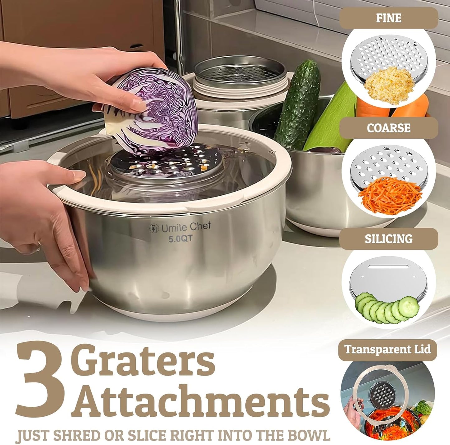 Mixing Bowls with Lids Set - Non-Slip, Airtight Warp-Proof TPR-AS Lids, Thicker Stainless Steel Bowls, Measurement Lines & 3 Graters, Prep Meal Bowl, Black Nesting Bowl for Kitchen, 5/3/2/1.5/0.63QT