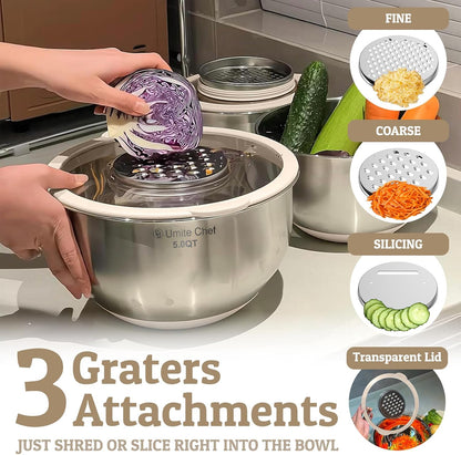 Mixing Bowls with Lids Set - Non-Slip, Airtight Warp-Proof TPR-AS Lids, Thicker Stainless Steel Bowls, Measurement Lines & 3 Graters, Prep Meal Bowl, Black Nesting Bowl for Kitchen, 5/3/2/1.5/0.63QT