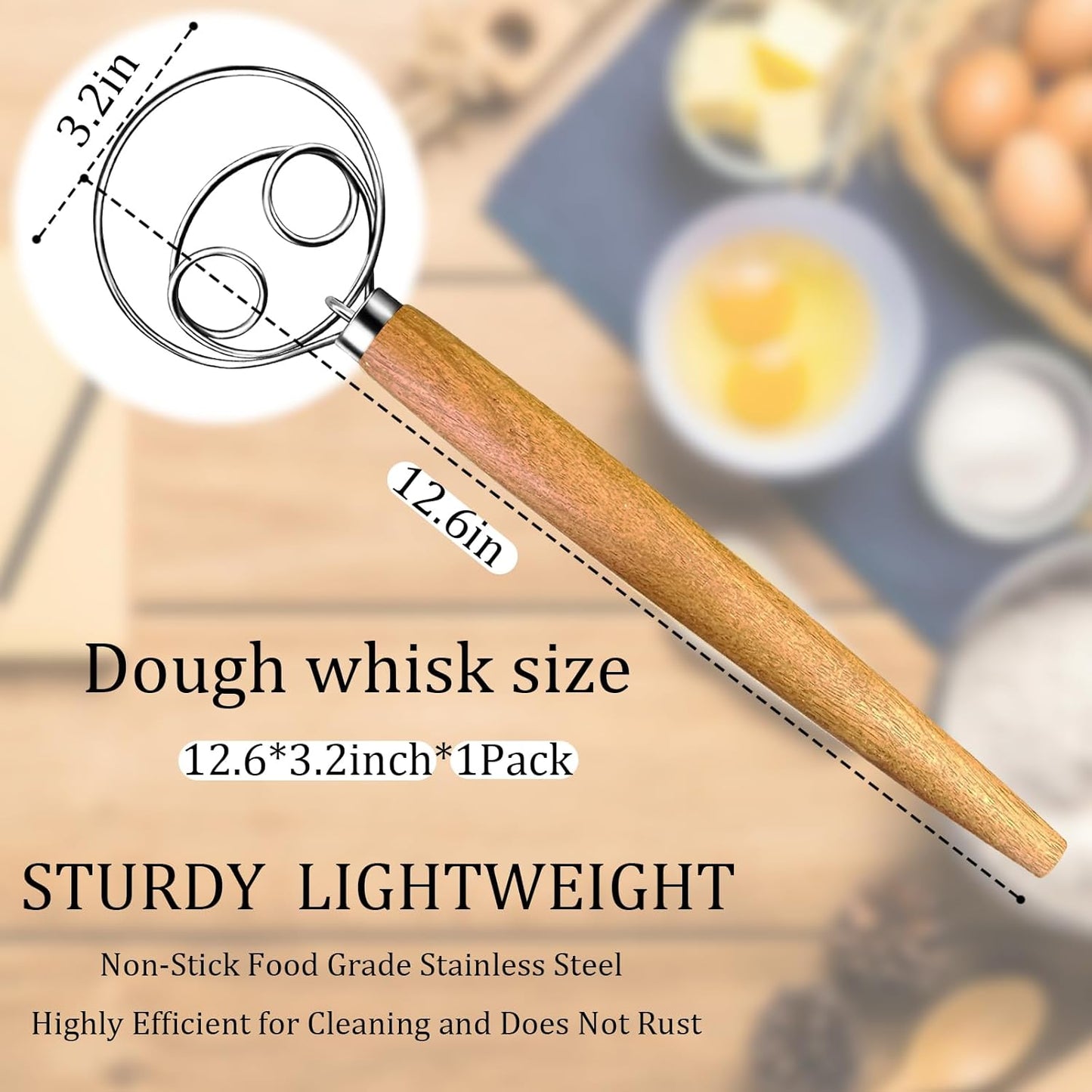 Danish Dough Whisk - Dough Bread Whisk, Sourdough Bread Baking Supplies for Cake Bread Pizza Pastry Biscuits, Wooden Hand Stainless Steel Ring Sourdough Baking Dough Mixer(Acacia Wood)