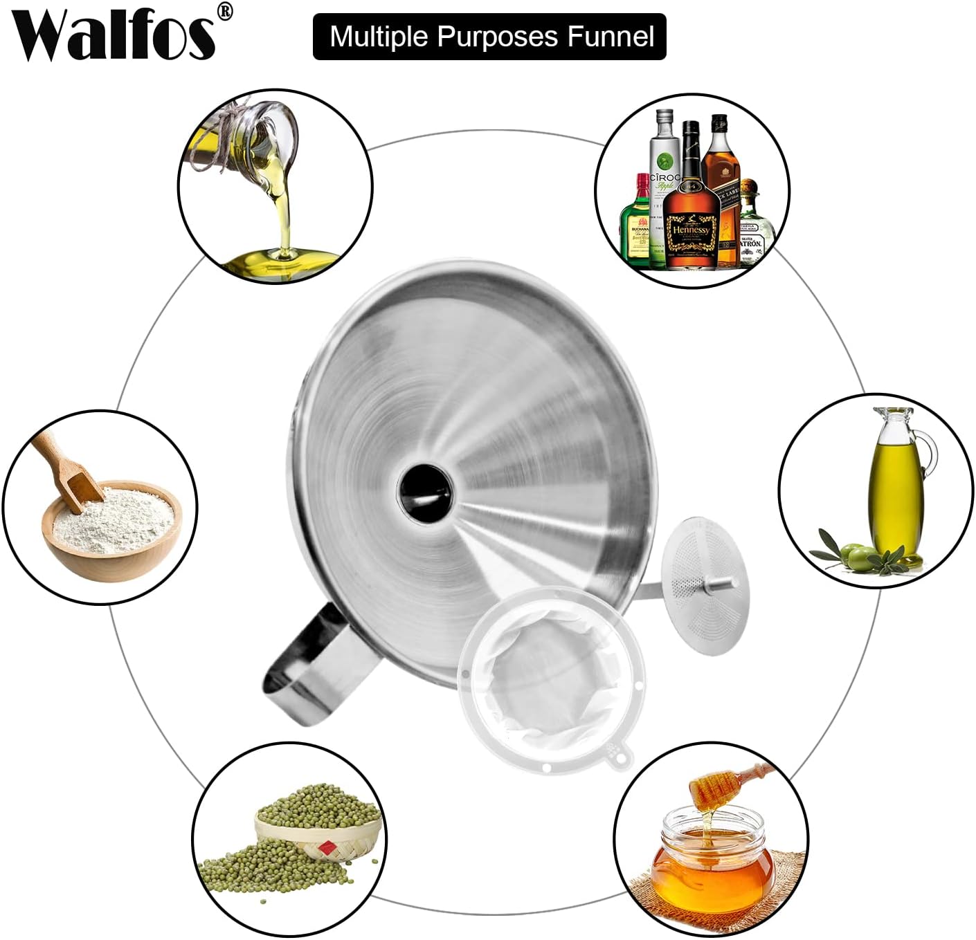 Stainless Steel Funnel, Walfos 3 Pack Kitchen Funnel with 2 Removable Strainer ＆ 1Pcs Cleaning Brush, Perfect for Transferring of Liquid, Oils, Jam, Dry Ingredients & Powder