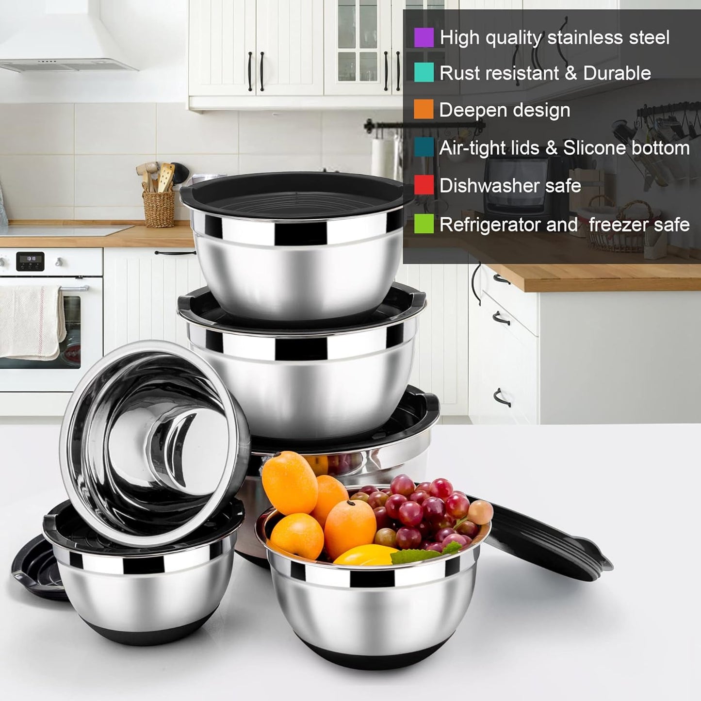 LIANYU Stainless Steel Mixing Bowls Sets of 6, Large 7, 3.5, 2.5, 2, 1.5, 1QT Size with Transparent Airtight Lids, Metal Nesting Serving Bowl Sets for Home Kitchen, Dishwasher & Freezer Safe, Black