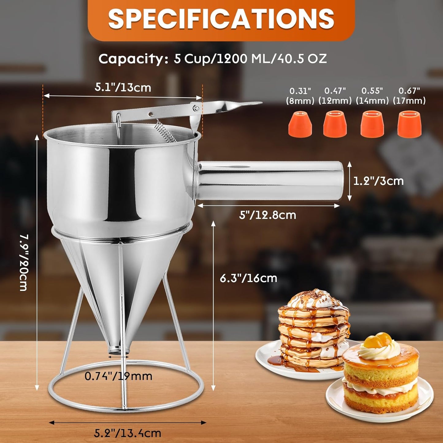 1200ML/40OZ Stainless Steel Pancake Batter Dispenser, Piston Funnel Dispenser with Stand Detachable Handle for Takoyaki Baking Cake Desserts with 4PCS Nozzles