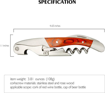 Exquiste Waiter Corkscrew for Bartenders, Professional Wine Opener With Premium Rosewood Handle,Double Hinged Bottle Opener with Serrated Foil Cutter for Sommelier, Bartend