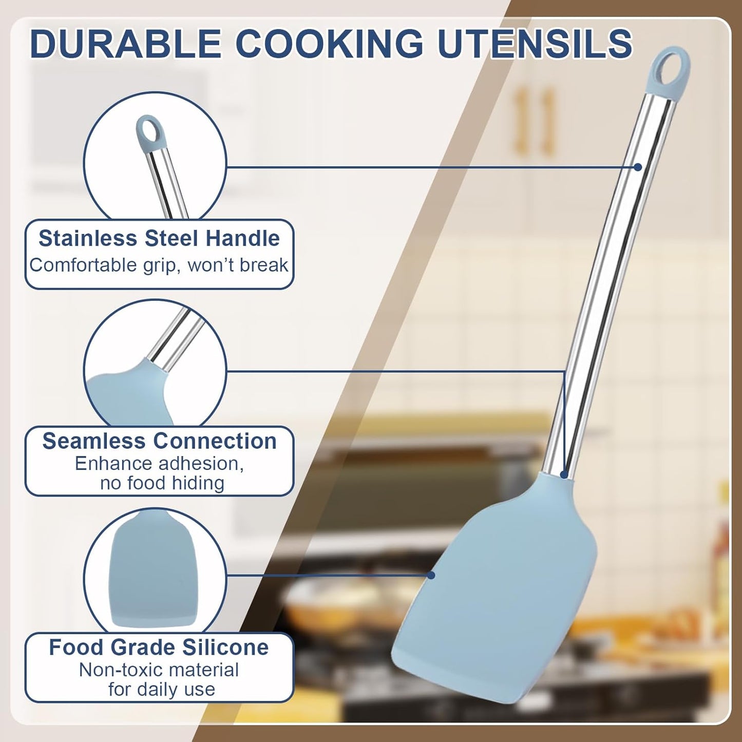 Vayvnt 4PCS Kitchen Utensils Set, Heat Resistant Silicone Utensils Set for Cooking, Non Scratch Spatula Spoons for Non Stick Pan, Large Kitchen Cooking Tools, Metal Long Handle&Dishwasher Safe, Blue