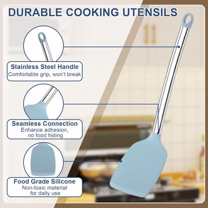 Vayvnt 4PCS Kitchen Utensils Set, Heat Resistant Silicone Utensils Set for Cooking, Non Scratch Spatula Spoons for Non Stick Pan, Large Kitchen Cooking Tools, Metal Long Handle&Dishwasher Safe, Blue