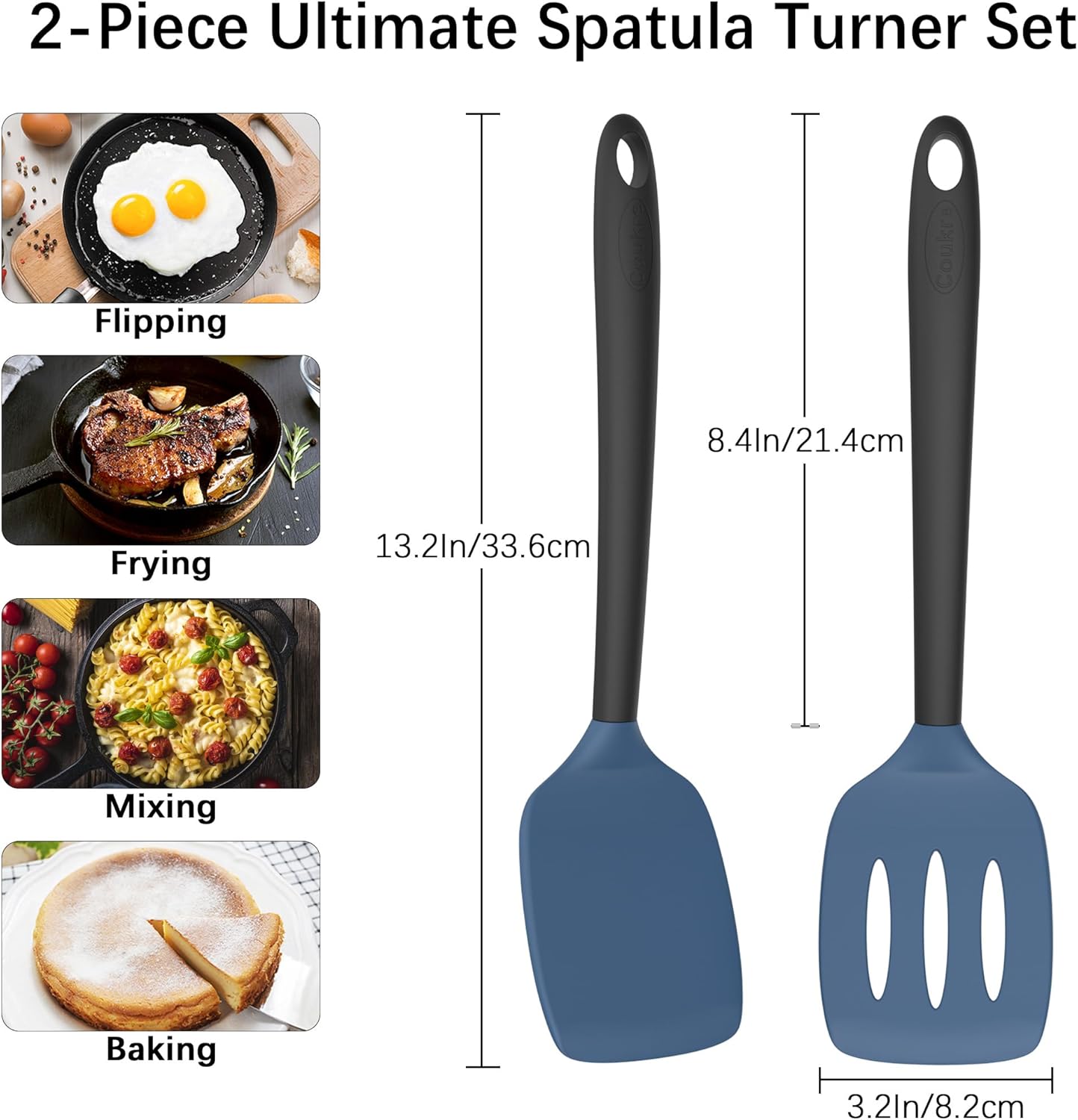 Coukre 2 Pack Silicone Spatula Set, High Heat Resistant, BPA Free Kitchen Spatula, Solid & Slotted Turner for Non-Stick Pans, Sautéing, and Flipping (2, PureBlack)