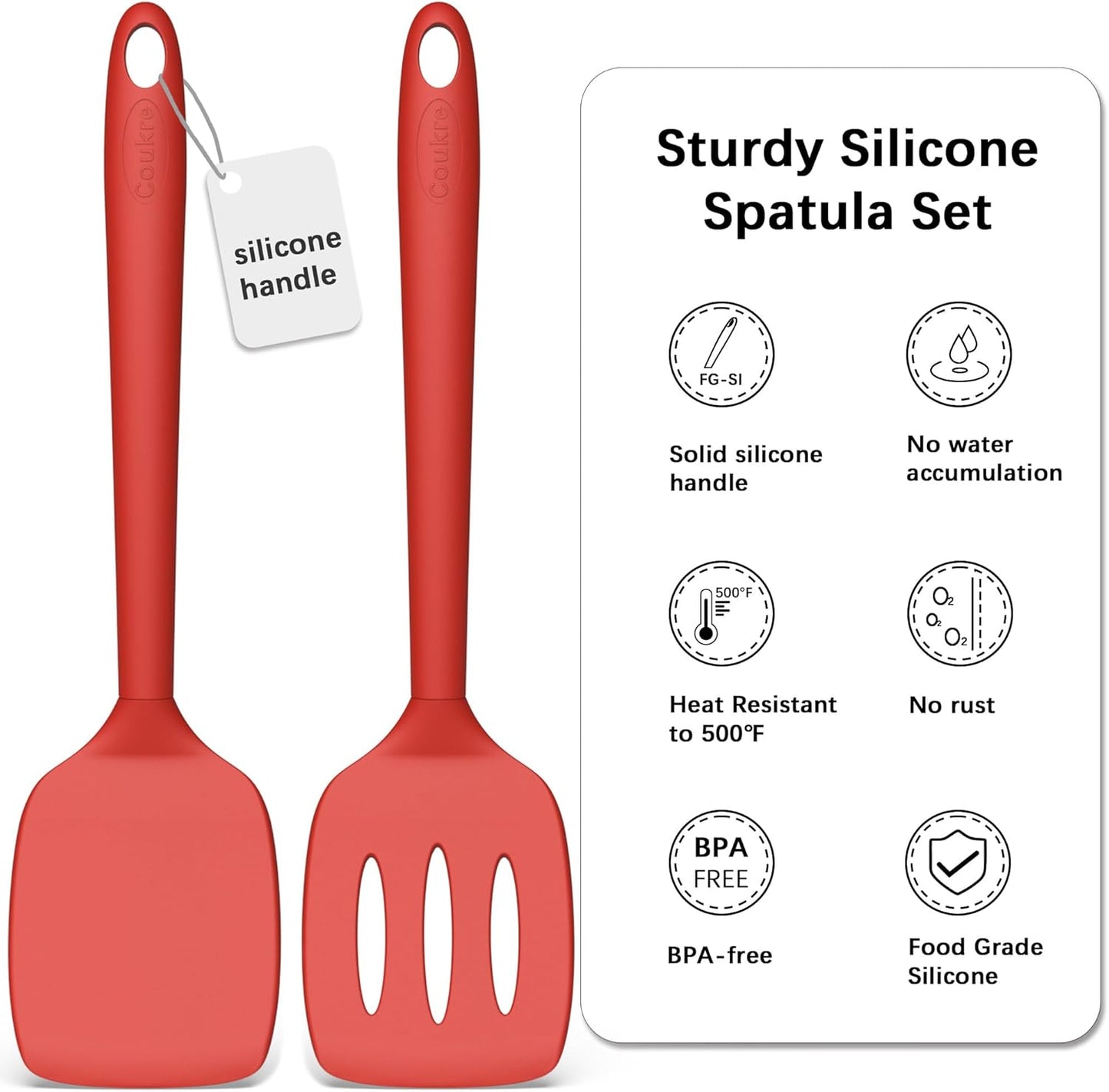 Coukre 2 Pack Silicone Spatula Set, High Heat Resistant, BPA Free Kitchen Spatula, Solid & Slotted Turner for Non-Stick Pans, Sautéing, and Flipping (2, PureBlack)