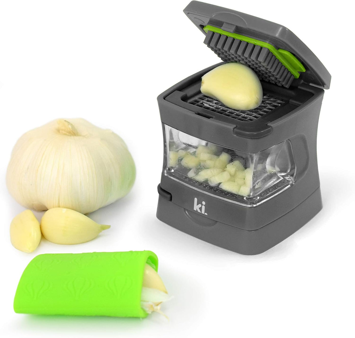 Garlic-A-Peel Garlic Press, Crusher, Cutter, Mincer, and Storage Container - Includes Silicone Garlic Peeler - Easy to Clean - Stainless Steel Blades – (Black), standard