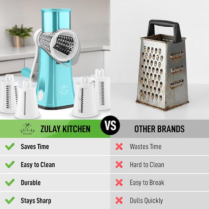 Zulay Kitchen Rotary Cheese Grater 5 Blade Cheese Shredder - Manual Hand Crank Cheese Grater With Reinforced Suction & 5 Interchangeable Drums - Easy to Use, Vegetable Chopper Round Mandoline Slicer - Colors B