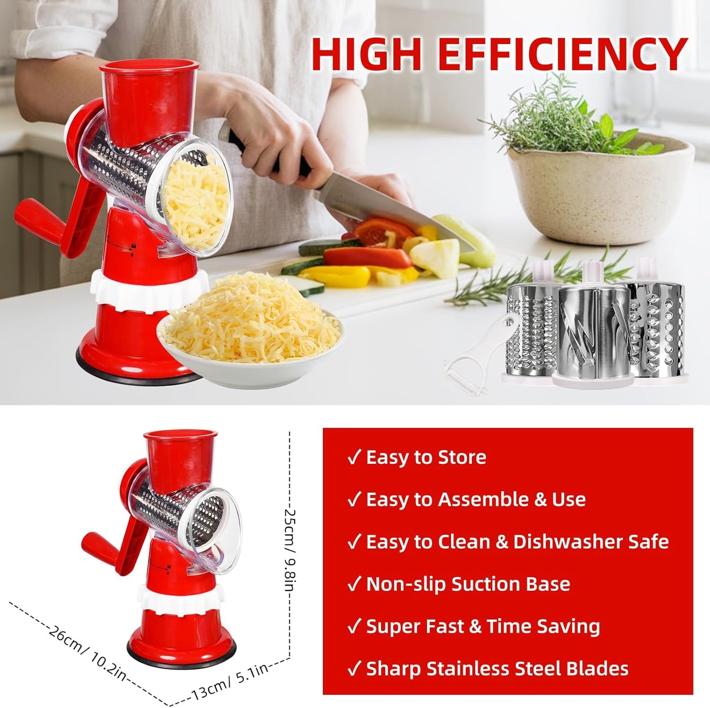 Rotary Cheese Grater, Hand Crank with Suction Base Cheese Shredder Hand Crank 3 Stainless Steel Blades, Rotary Cheese Grater with Handle, Easy to Clean, Rotary Grater for Cheese Vegetable Nuts (Red)