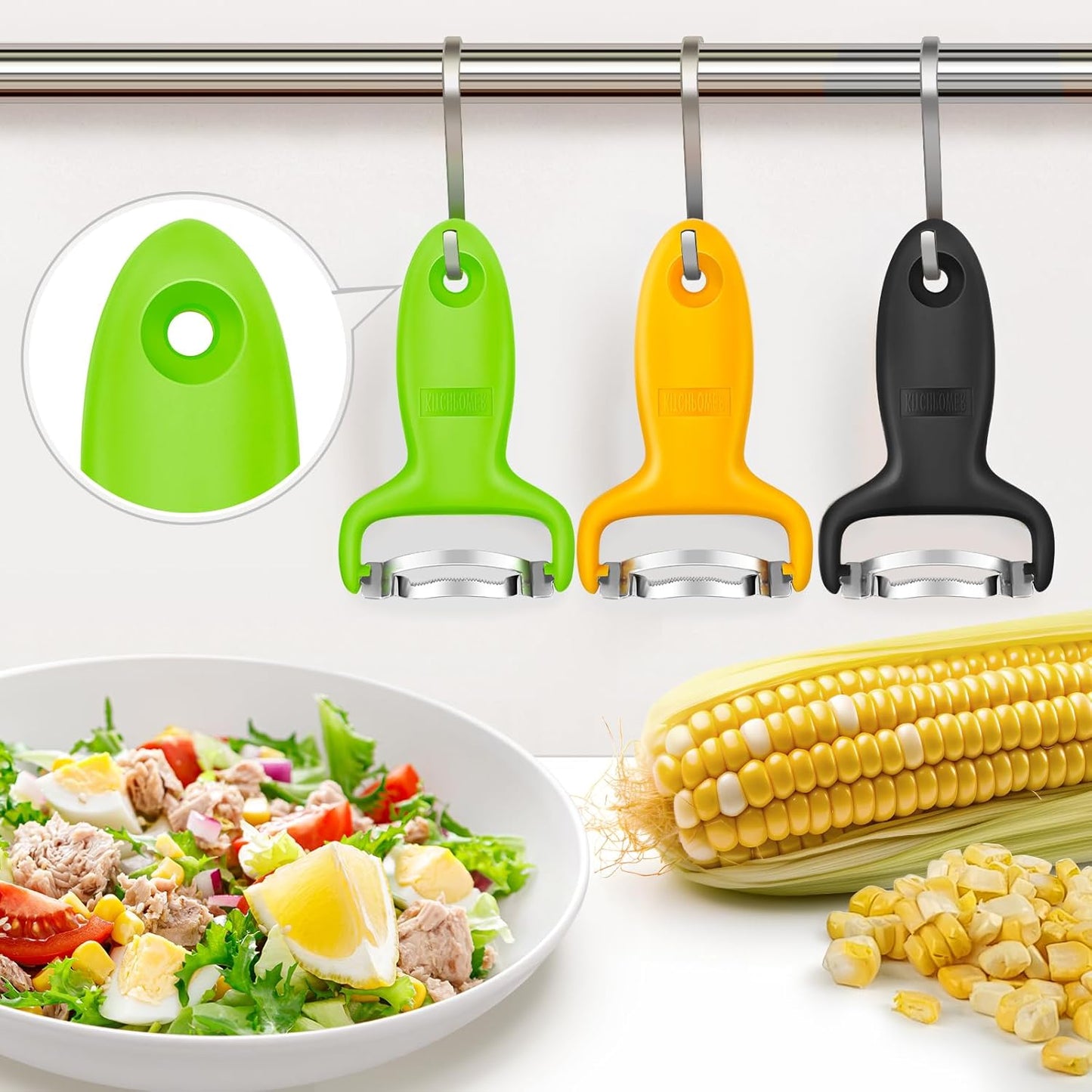 KITCHPOWER Corn Peeler, Corn Stripper, Corn Cob Peeling Tool, Stainless Steel Blades 3-Pack Yellow/Black/Green