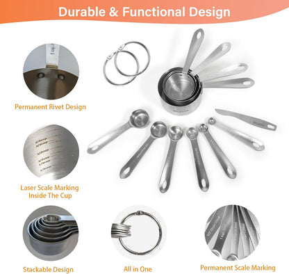 Stainless Steel Measuring Cups & Spoons Set of 13, Stackable Metal Measuring Cups & Spoons, Kitchen Gadgets for Cooking & Baking