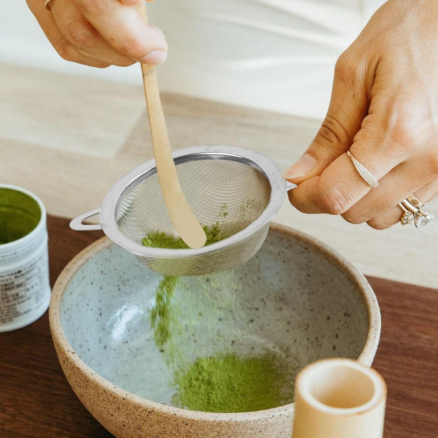 2 Pcs Matcha Strainer, Stainless Steel Matcha Sifter with Handles, Small Strainer Fine Mesh with Tea Spoon and Scoop