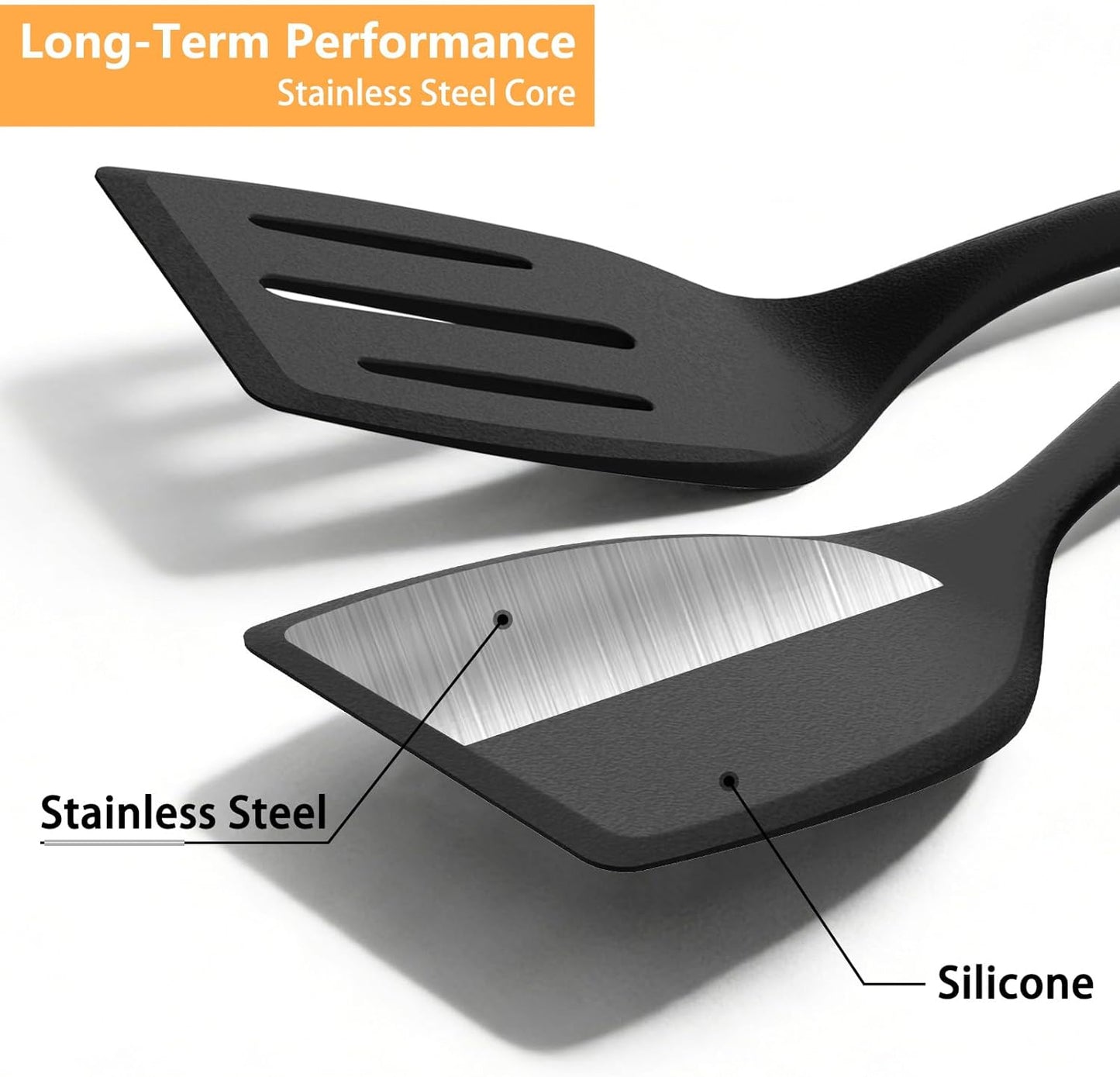 Silicone Spatula Turner Set, 600°F High Heat Resistant Spatulas for Cooking, BPA Free, Large Flexible Kitchen Utensils Flipping Eggs, Pancakes, Fish, Burgers, Dishwasher Safe (4 Pack, Black)